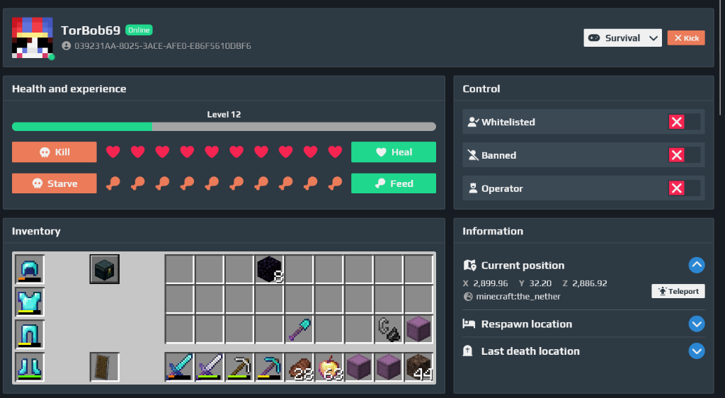 TorBob69 web panel inventory showing 63 Enchanted Golden Apples