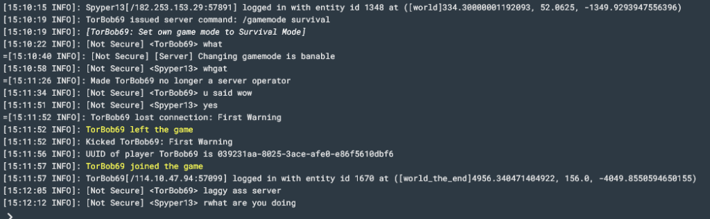 Server logs showing TorBob69 kicked and de-opped