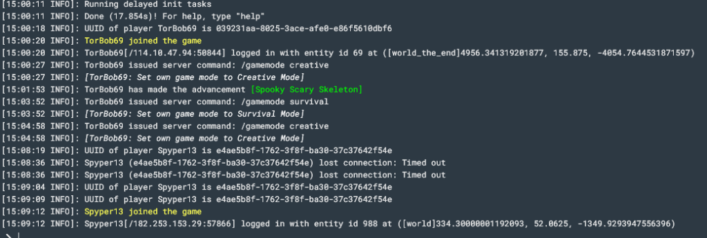 Server logs showing TorBob69 using /gamemode creative